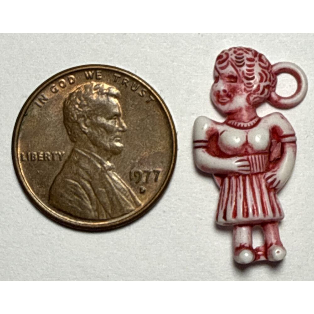 Vintage‎ Cracker Jack Red and White Cartoon Character Woman Charm 1G